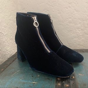 — ZARA blue velvet booties with silver zippers
